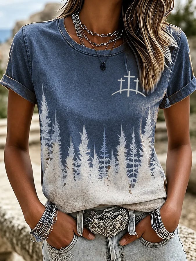 T-shirt à col rond imprimé dégradé, art équestre western pour femme avec motif « Faith »
