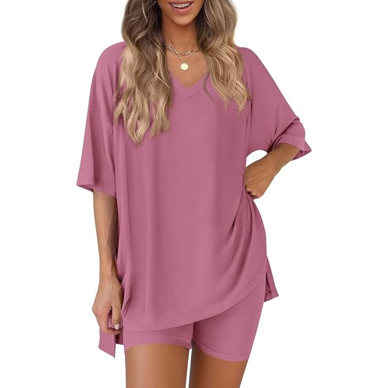 Women’s Buttery-Soft V-Neck Lounge Set – Oversized Split-Hem Top & Biker Shorts