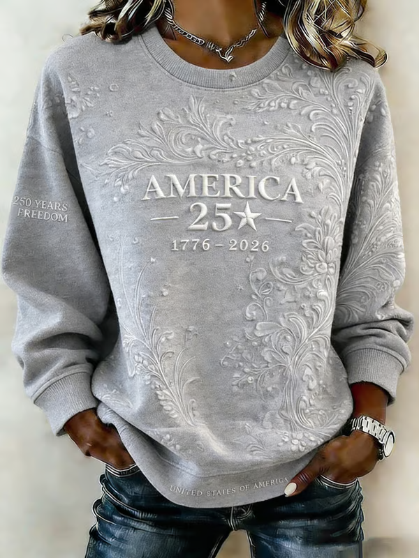 Ladies' Retro Floral American Flag 250Th Anniversary Round Neck Hoodie