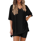 Ensemble de détente femme ultra doux à col en V – Haut oversize à ourlet fendu et short cycliste