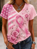 Women's Retro Pink Ribbon Breast Cancer Awareness Print Comfortable T-Shirt
