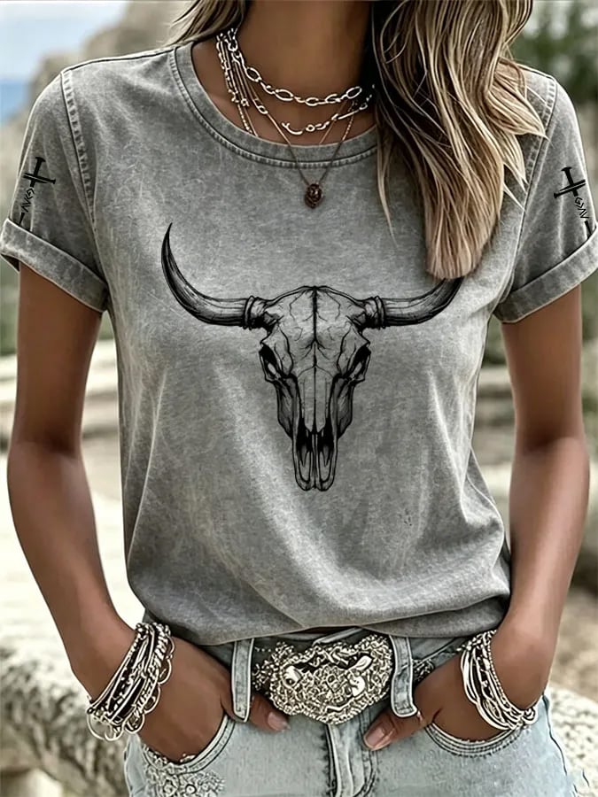 T-Shirt Col Rond Imprimé Dégradé Foi Art Équestre Western Femme
