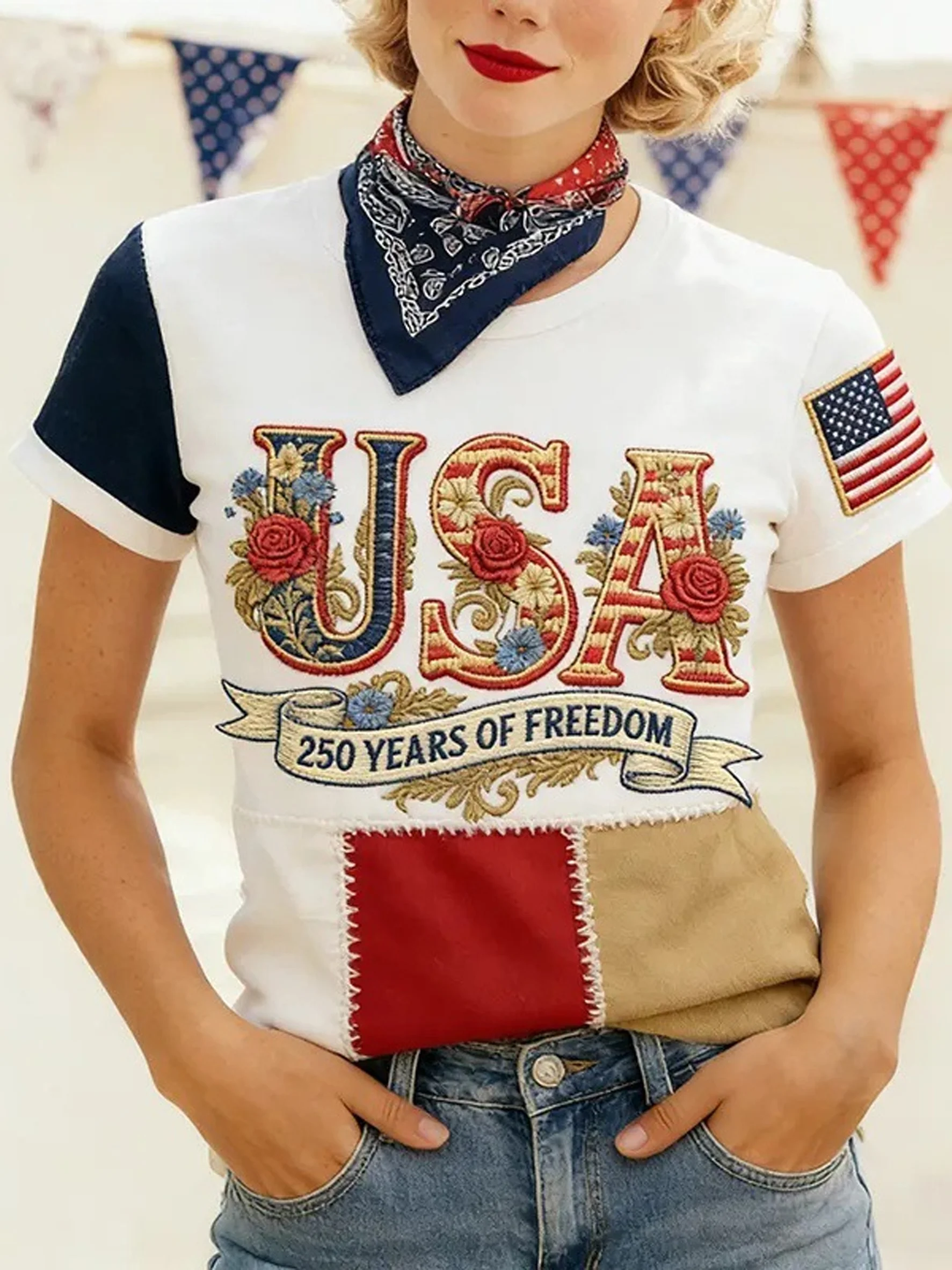 Vintage Floral Crew Neck Short Sleeve T-shirt