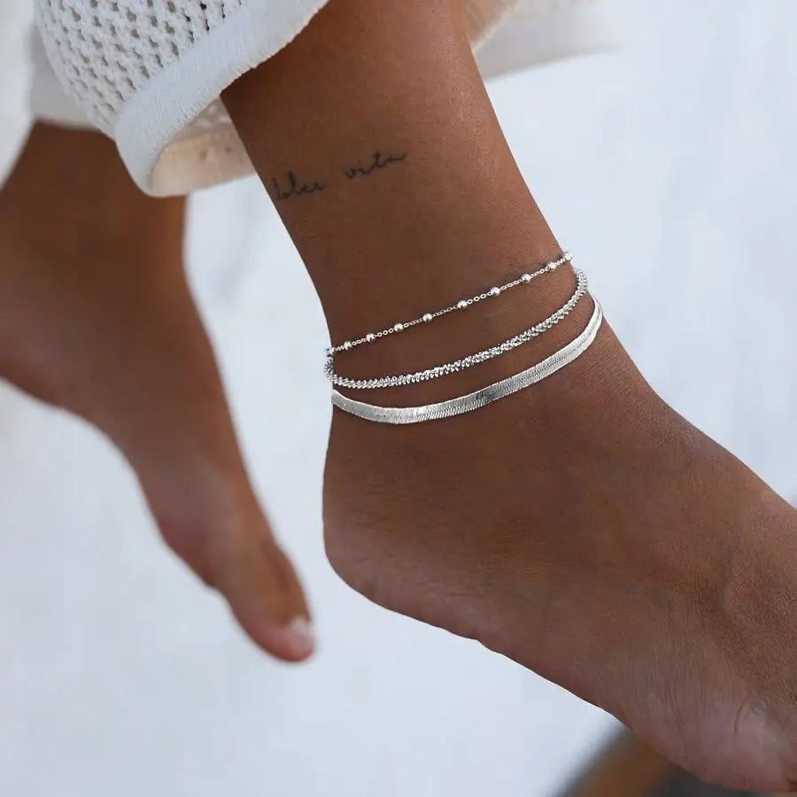 Silver Layered Waterproof Anklet Set for Women