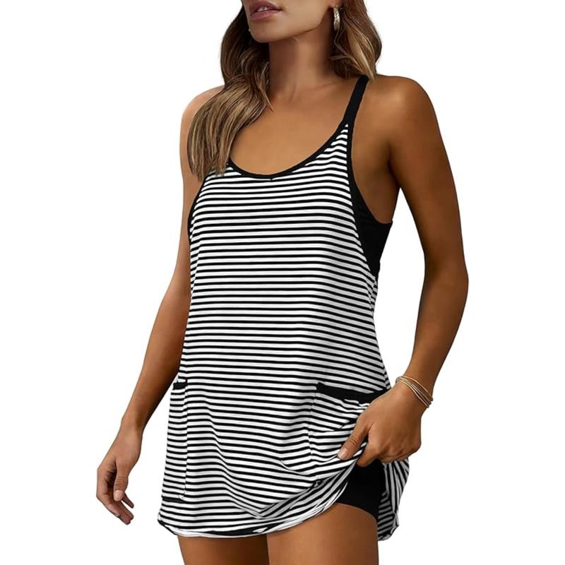 Women’s 95% Cotton Striped Active Mini Dress with Built-In Shorts & Pockets