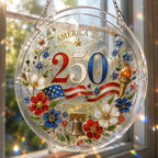 Ornement suspendu de puzzle acrylique America 250 – Attrape-soleil patriotique pour fenêtre 1776-2026 avec drapeau floral, cloche de la Liberté et motif de torche