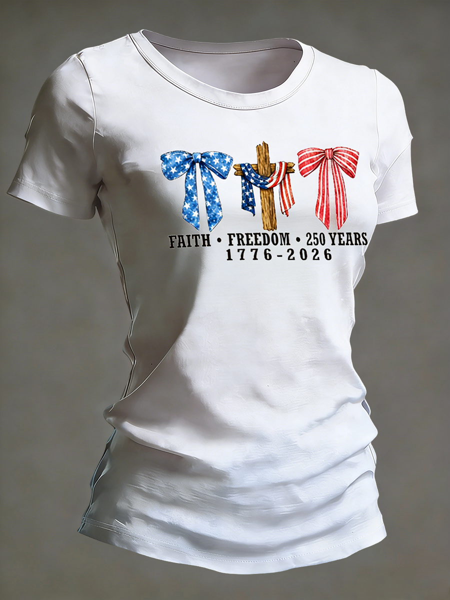 Faith Freedom Patriotic Cross American Flag Bow T-shirt