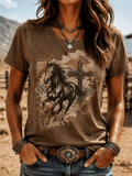 Women's Retro Western Style Animal Cross  Print T-shirt
