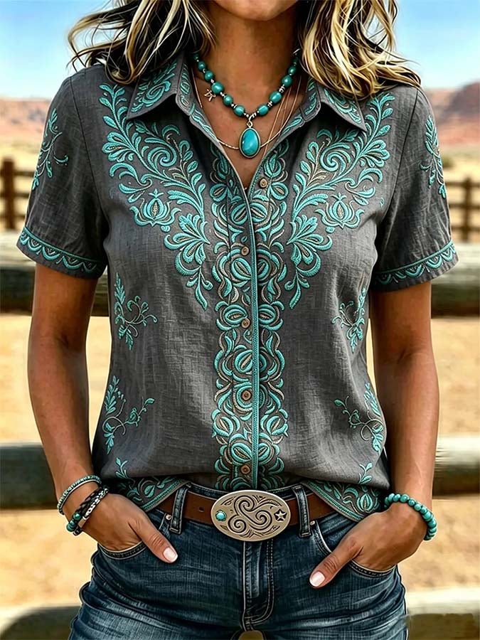 Chemise décontractée rétro imprimée pour femme