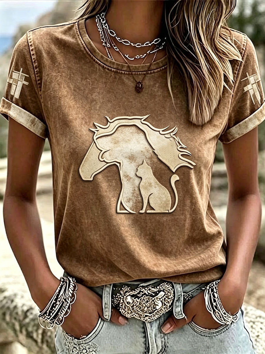Women'S Western Style Horse And Dog And Cat Combination Pattern Faith Short Sleeved T-Shirt