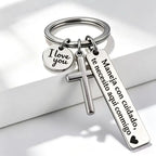 Porte-clés Maneja Con Cuidado Drive Safe avec croix et breloque I Love You