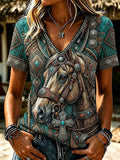 Women'S Retro Western Style Turquoise Horse And Faith Print Linen Short-Sleeve T-Shirt