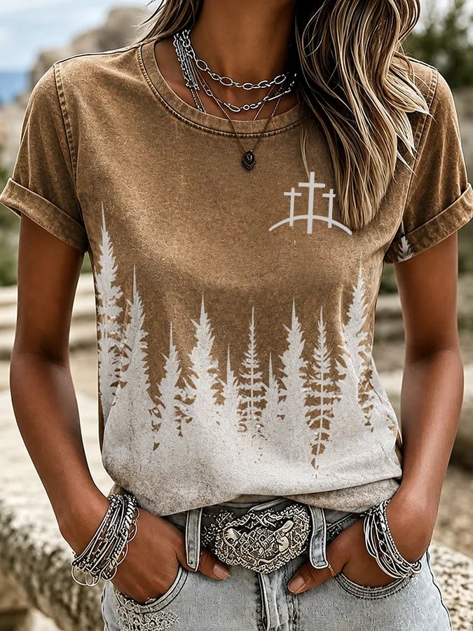 T-shirt à col rond imprimé dégradé, art équestre western pour femme avec motif « Faith »
