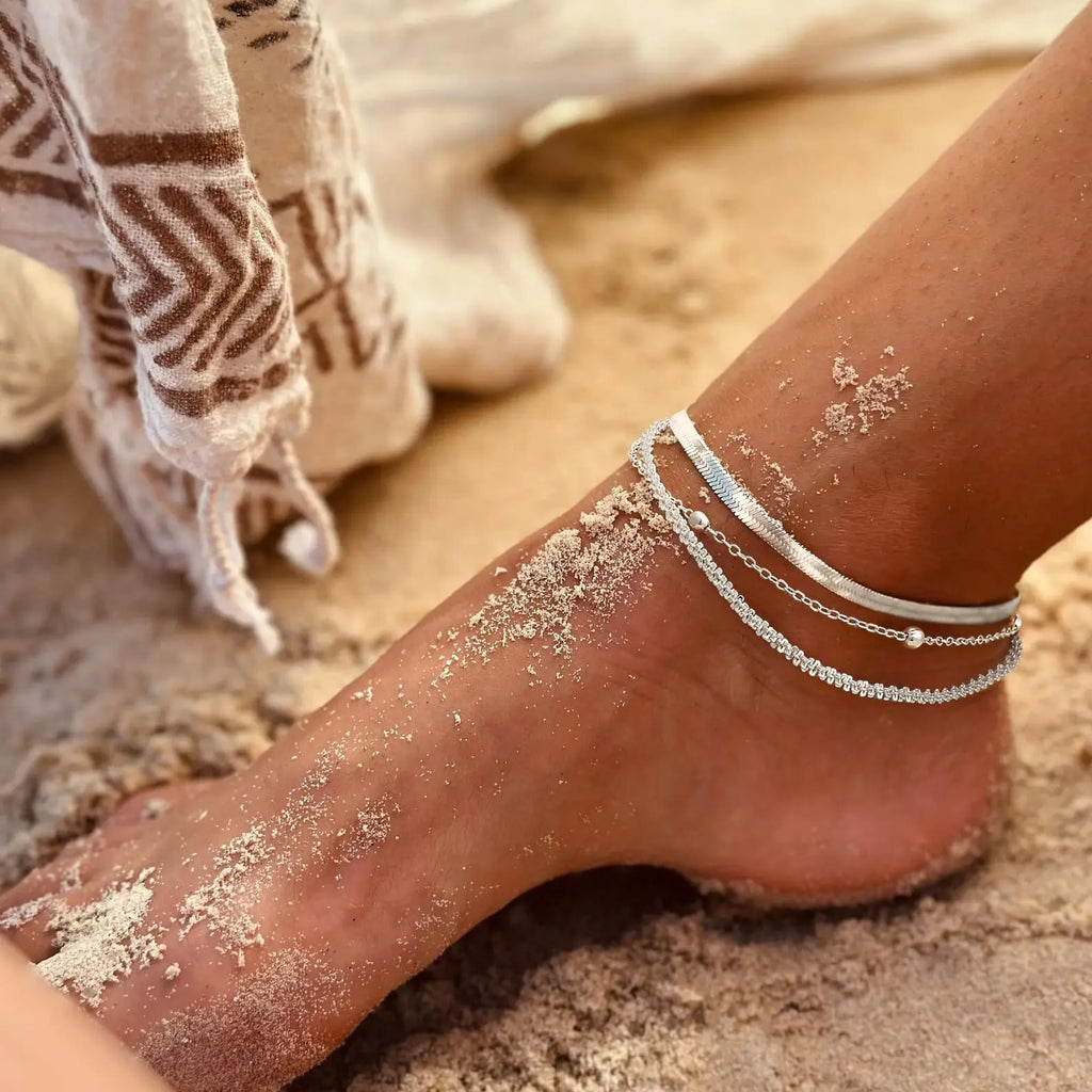 Silver Layered Waterproof Anklet Set for Women