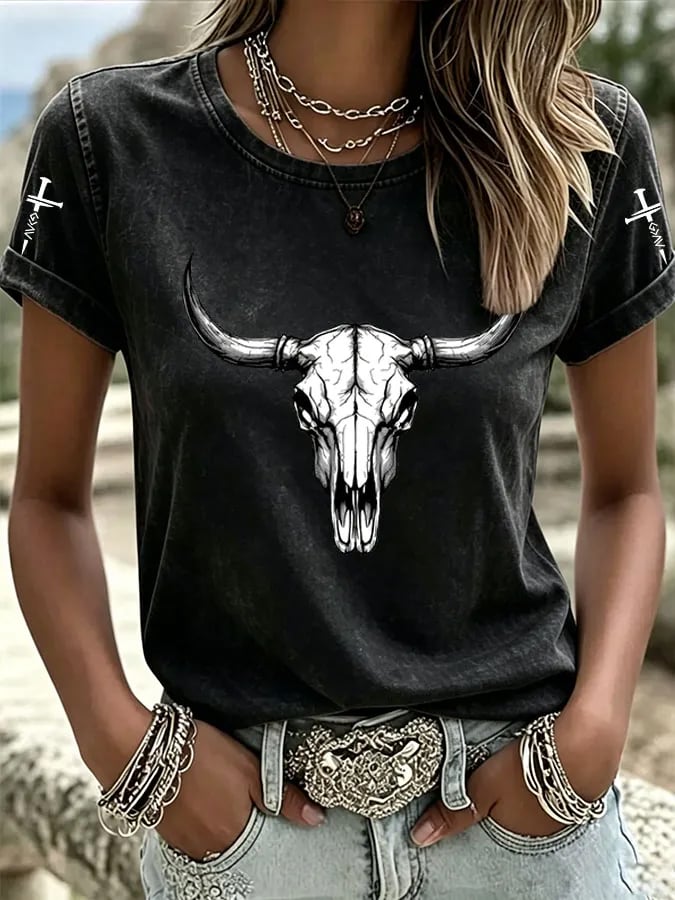 T-Shirt Col Rond Imprimé Dégradé Foi Art Équestre Western Femme